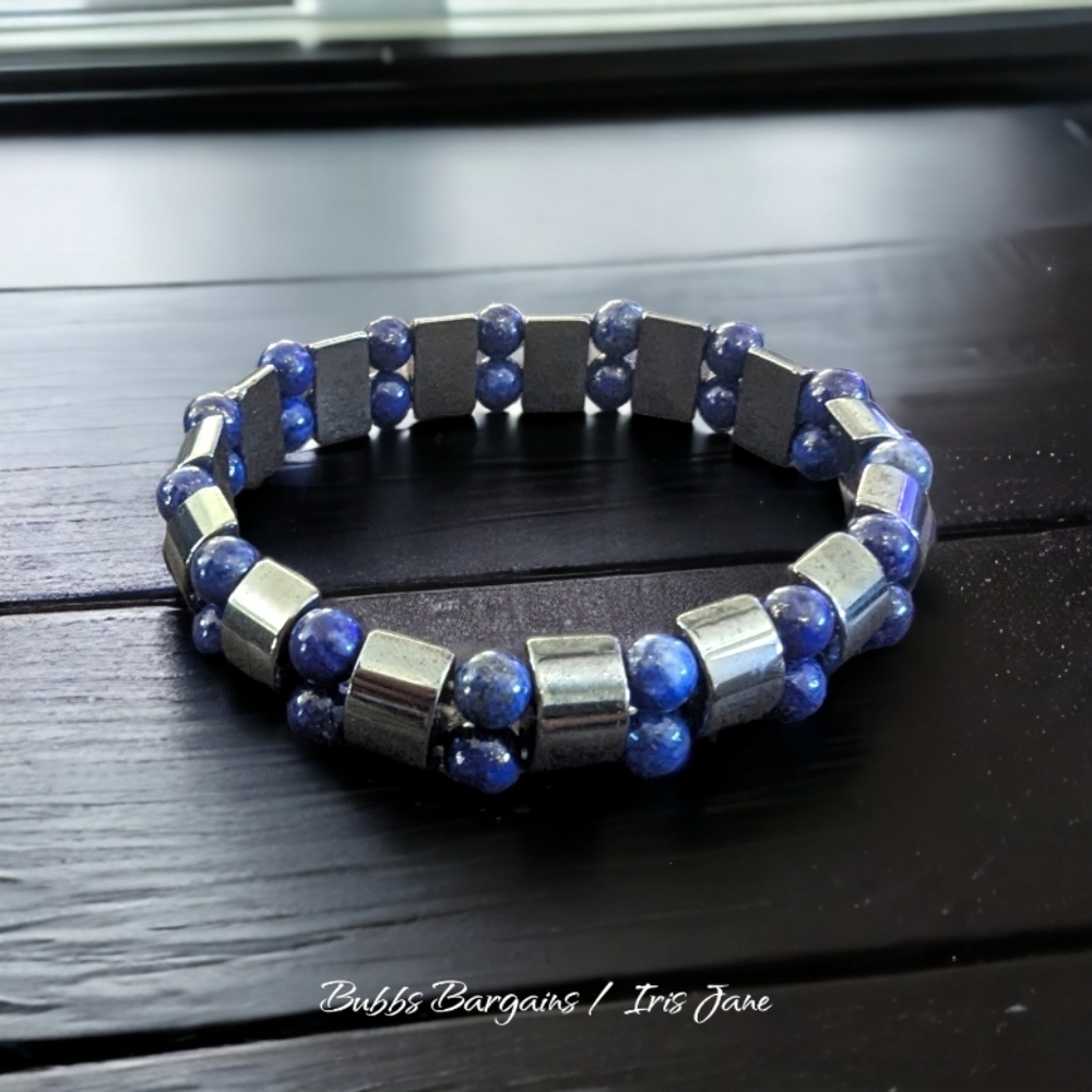 Lapis Lazuli & Hematite Men's Bracelet - Natural Crystals & Stones - Picture 2 of 4